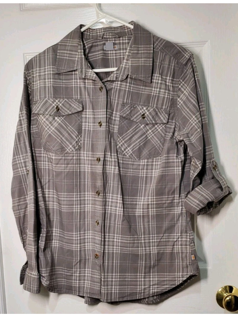 Carhartt Women’s Plaid Button Down Shirt L 12/14 Gray Stretch Cotton